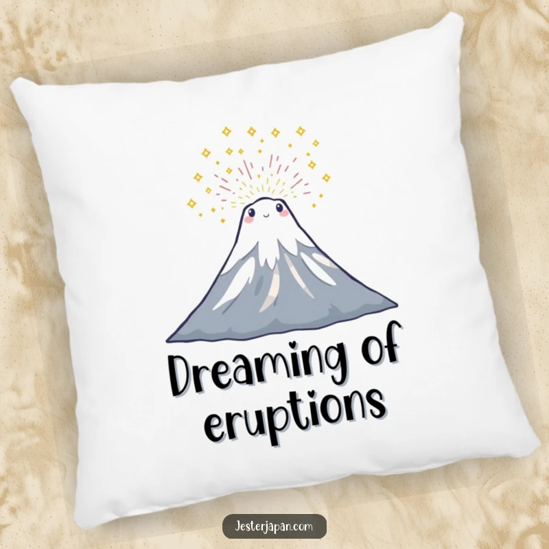 Funny pillow featuring a tiny Mount Fuji character erupting with a joyful explosion of sparkles, perfect for comfort.