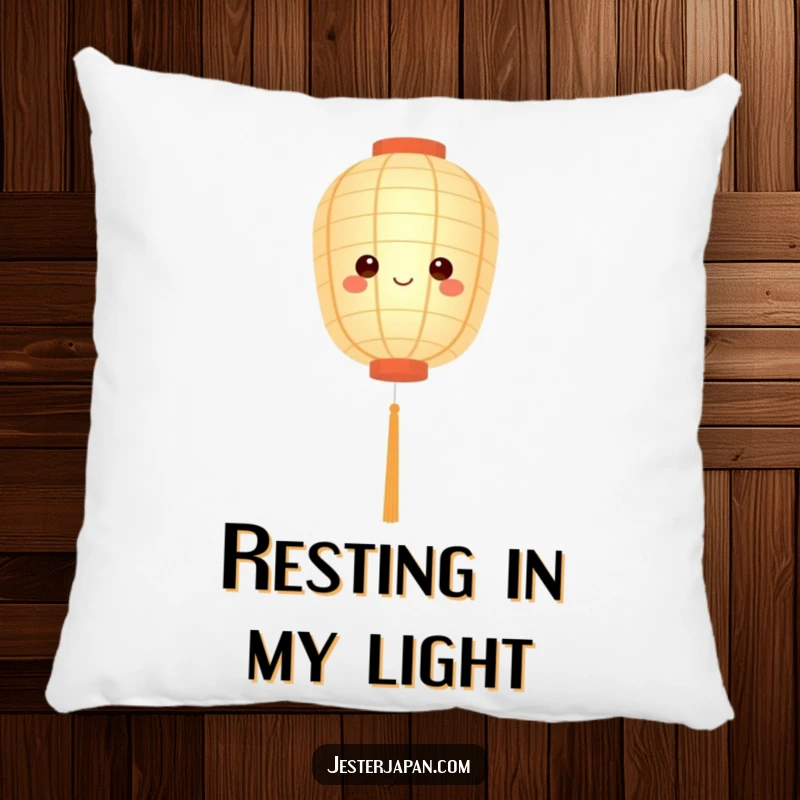 Funny pillow featuring a cute paper lantern character floating serenely with a soft glow, perfect for comfort and serenity.