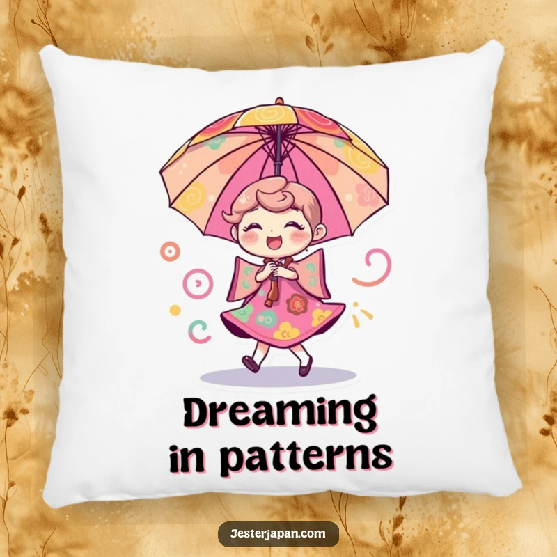 Funny pillow featuring a cheerful umbrella character joyfully dancing amidst swirling, colorful patterns, perfect for comfort.