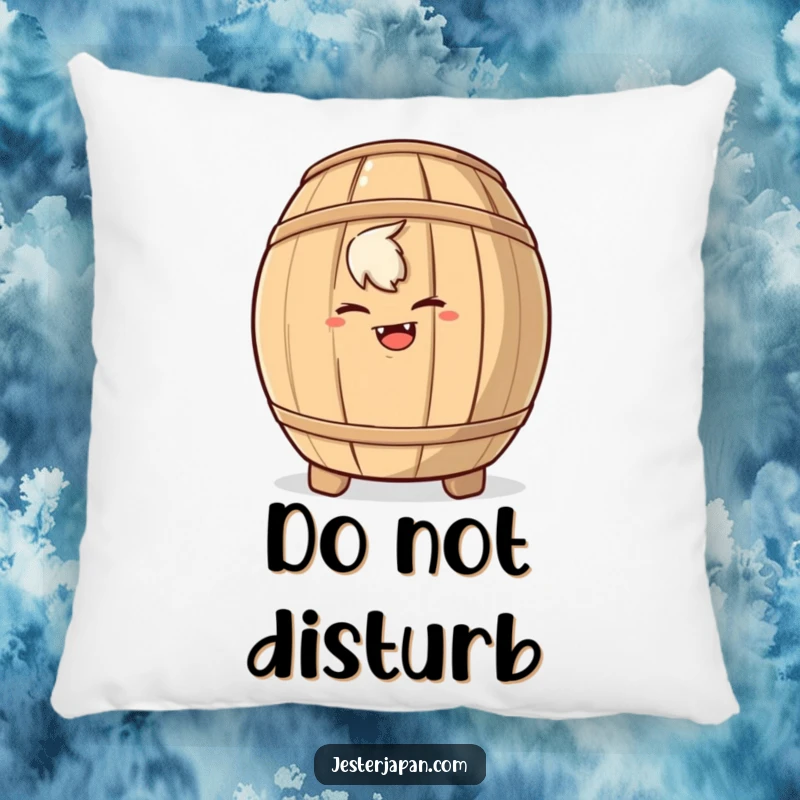 Funny pillow featuring a mischievous character hiding behind a sake barrel, offering comfort with a playful wink.