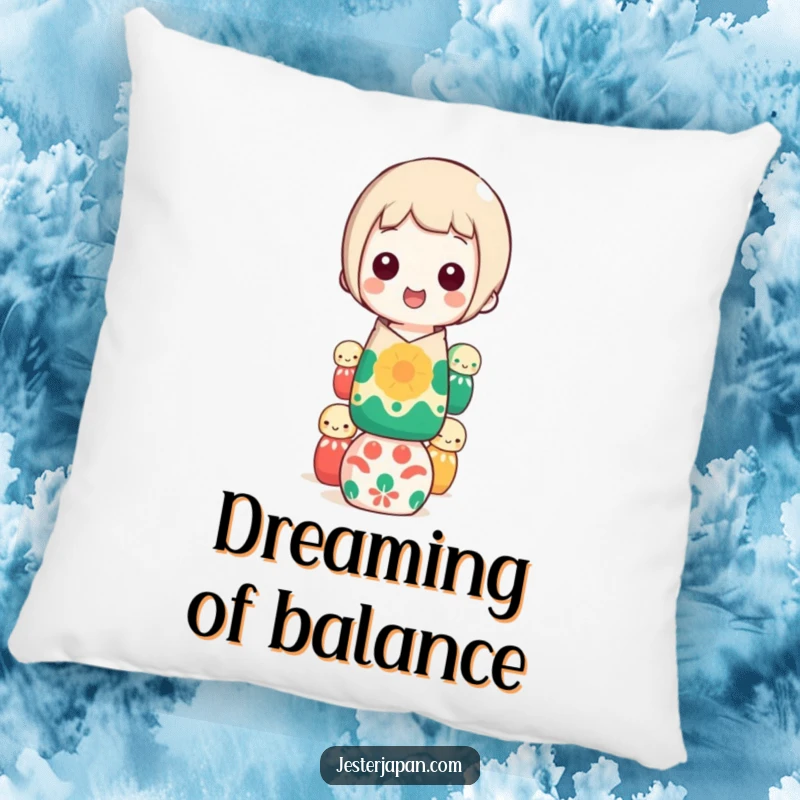 Funny kokeshi doll balancing pillow, featuring a happy character stacking colorful dolls, adds cozy humor and is a funny gift.