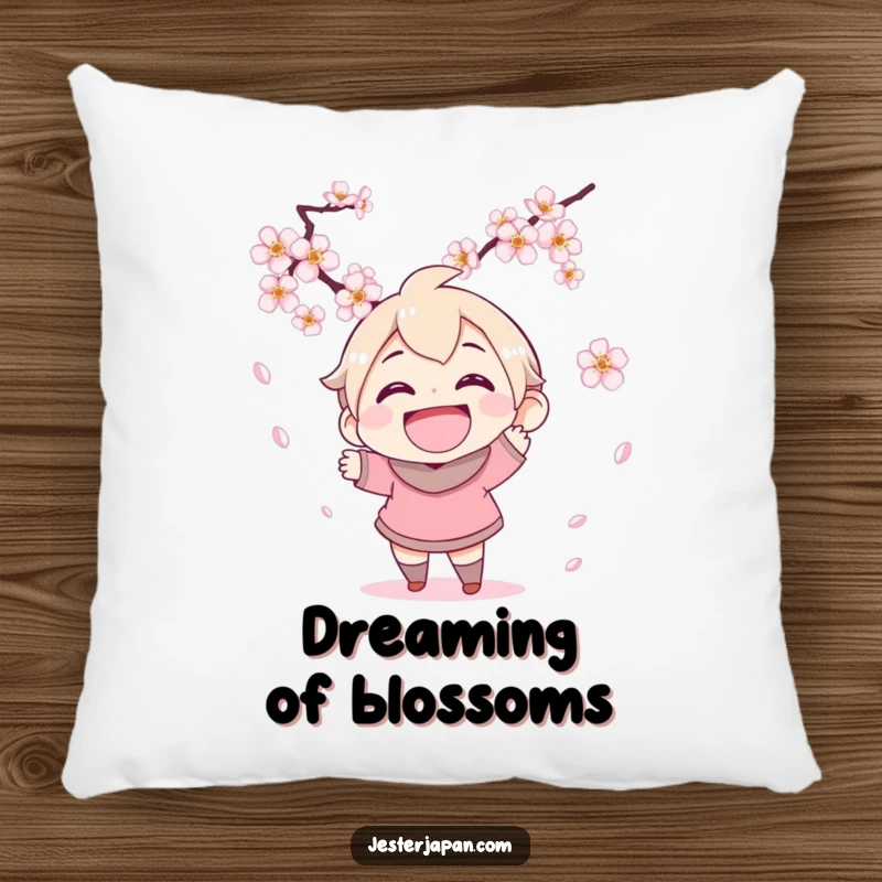 Funny pillow with a character's wide grin as they attempt to catch falling cherry blossoms, bringing joyful spring aesthetics indoors.