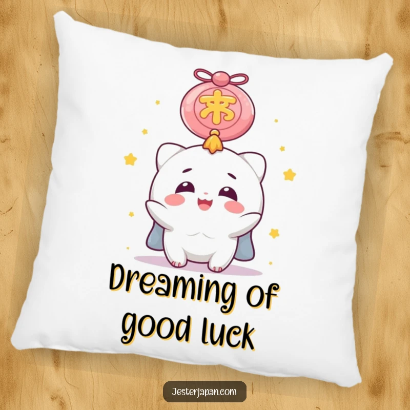 Funny Pillow with a delighted character admiring a colossal lucky charm, offering comfort and a humorous reminder of good fortune and happiness.