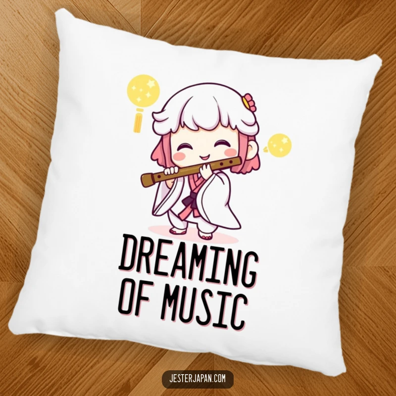 Funny pillow featuring a smiling Kawaii character playing a Japanese flute, adding artistic comfort.