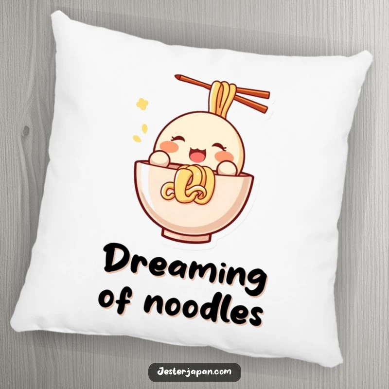 Funny Kawaii pillow featuring a small, round character joyfully slurping noodles, offering soft comfort and a humorous, delicious visual.