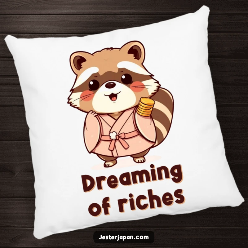 Funny Tanuki Kimono Pillow featuring a playful raccoon dog in a kimono, balancing stacks of coins for cozy luck.