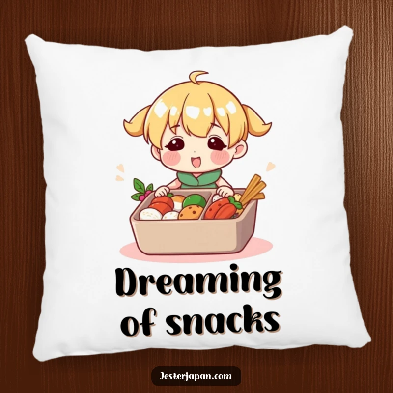 Funny pillow with a happy character busy packing a colorful bento box. Offers cozy comfort and a delightful culinary theme.