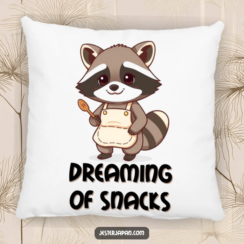 Funny pillow featuring a raccoon wearing an apron and cooking, offering comfort and a humorous touch to any room.
