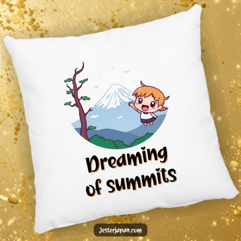 Funny pillow showcasing a character excitedly pointing at a stylized Mount Fuji, adding travel vibes to relaxation.