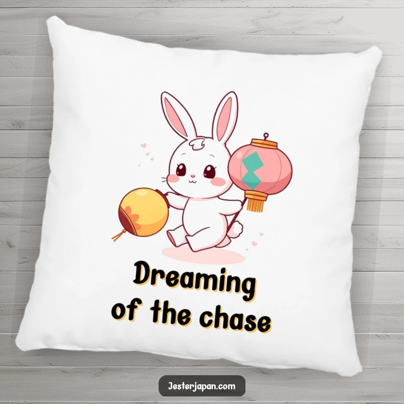 Funny pillow featuring a cute bunny character playfully chasing a luminescent festival lantern, offering comfort and whimsical decor.
