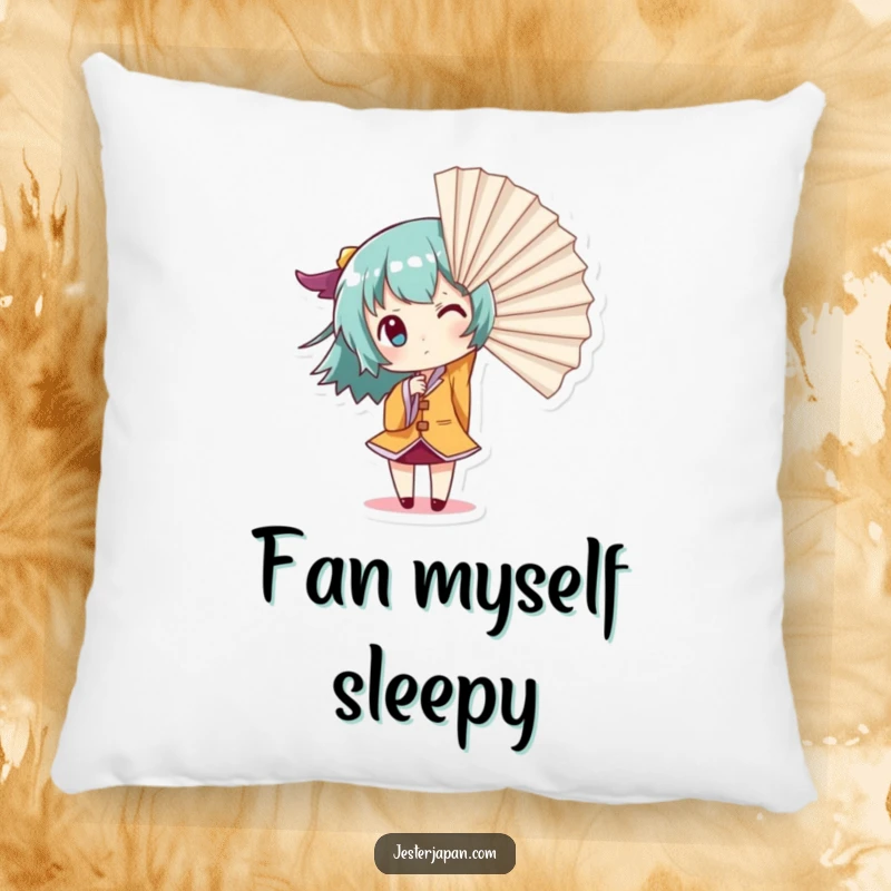 Funny Giant Fan Pillow: Soft plush pillow featuring a small character dramatically creating wind with a giant fan, perfect for cozy, dramatic flair.