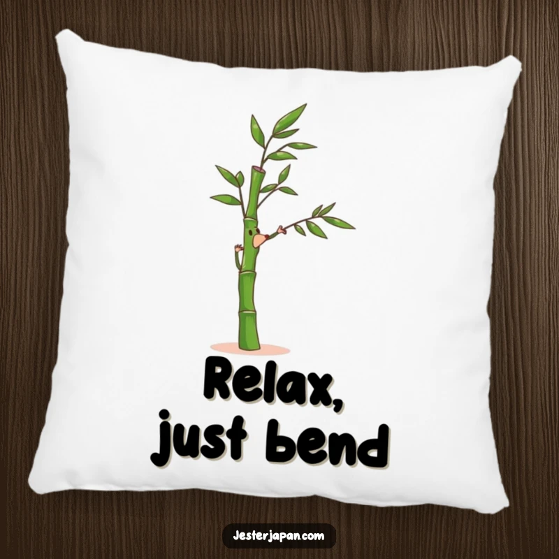 Funny Bamboo Pillow: Soft cushion featuring a bamboo stalk character bending joyfully in a gentle breeze, perfect for comfort.