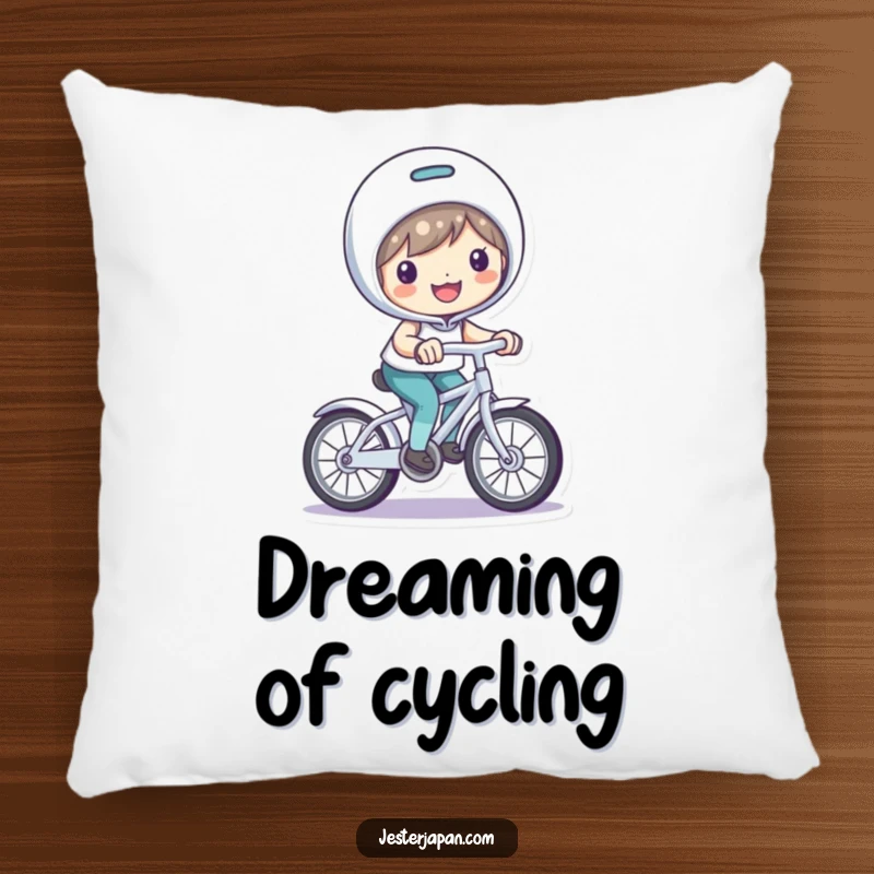 Funny Pillow: Character with a bright smile, riding a small, playful bicycle.