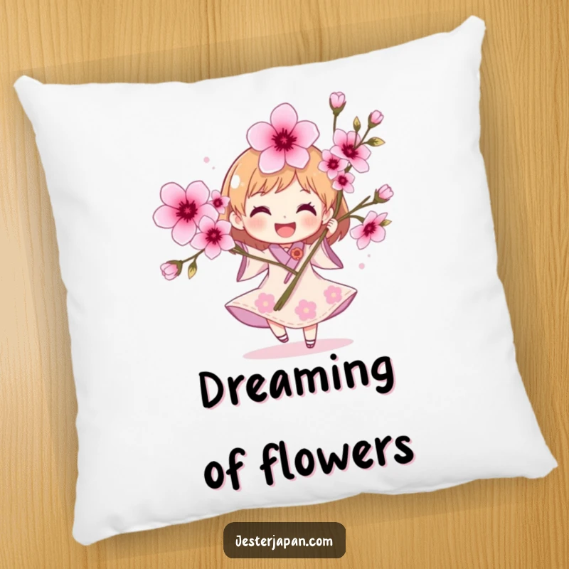 Funny Character Pillow: A plush pillow featuring a joyful character spinning with cherry blossoms, adding spring comfort.
