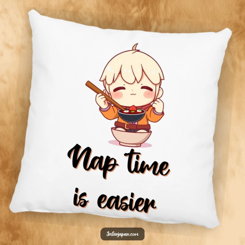 Funny pillow with a character comically grappling with giant chopsticks, adding humor to any seating area.