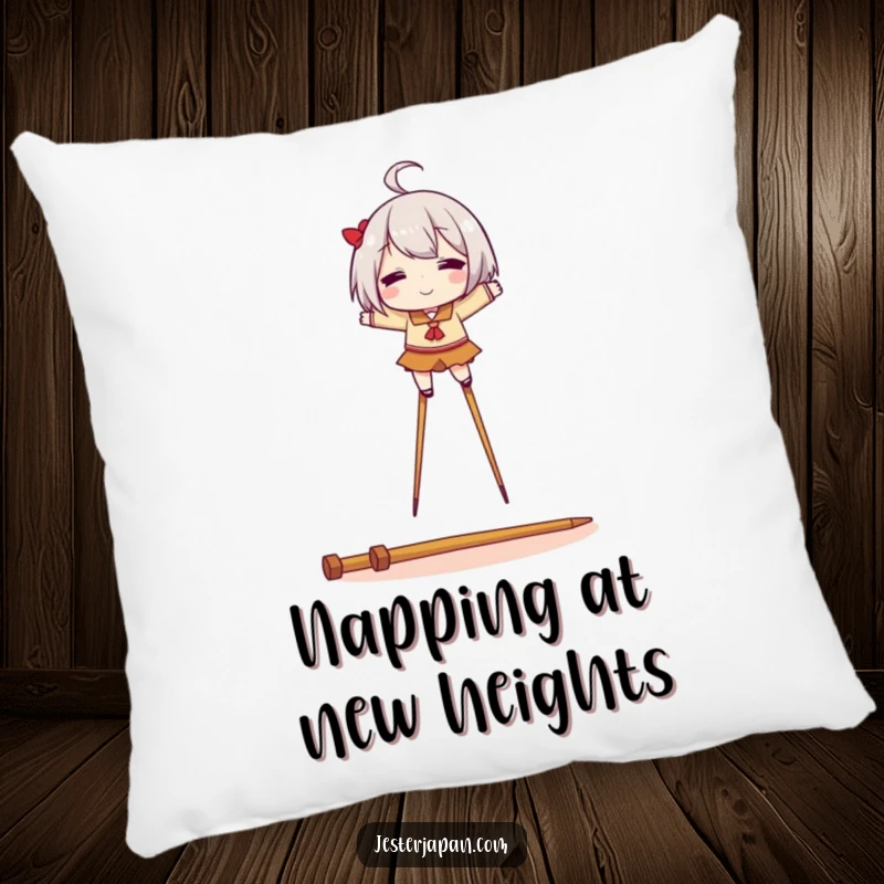 Funny pillow showcasing a character in perfect balance on stilts made of chopsticks, offering cozy and humorous decor.