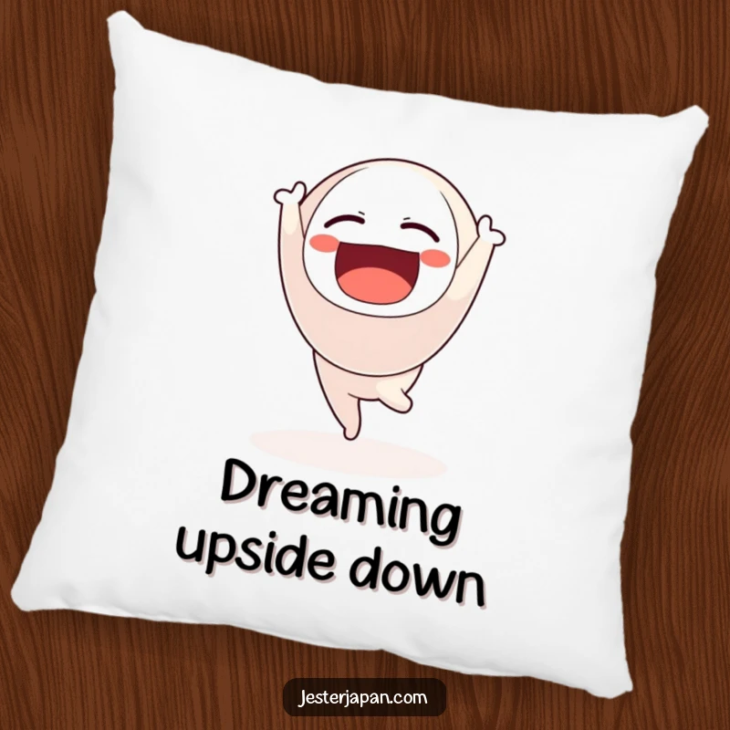 Funny pillow featuring a Daruma doll happily doing a handstand, adding Zen comfort and humor.
