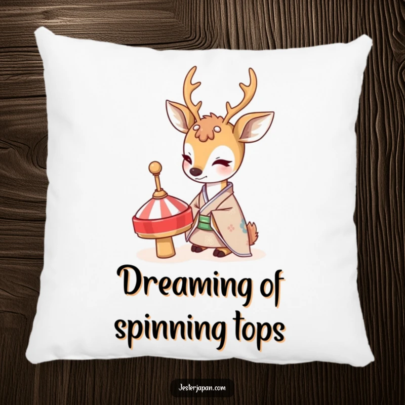 Funny Deer Kimono Pillow: A shy deer in a traditional kimono is depicted curiously watching a spinning top, offering soft, humorous decor.