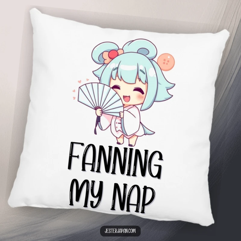 Funny Pillow: Smiling character dramatically fanning themselves with a large fan, offering comfort and playful humor.