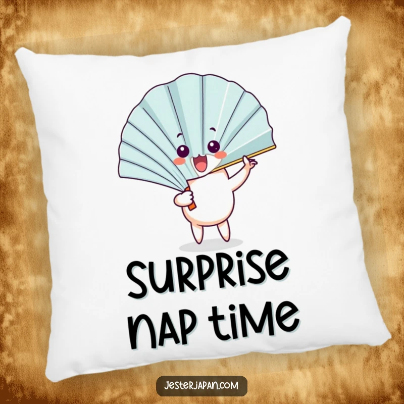 Funny Fan Pillow: Soft cushion featuring a fan character unfurling with a flourish to reveal a surprised face, perfect for comfort.