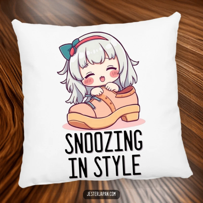 Funny pillow featuring a character with rosy cheeks playfully trying on a giant geta shoe, a humorous decorative accent.