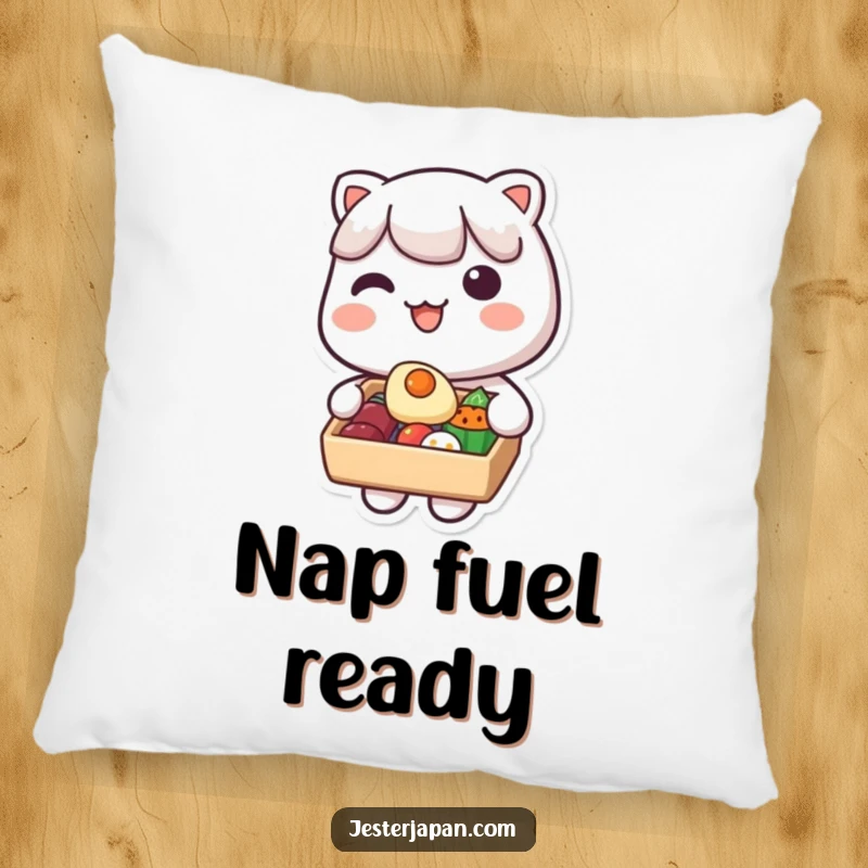 Funny Kawaii Bento Box Pillow: Soft plush pillow featuring a cute character sharing food from a bento box, perfect for naps and comfort.