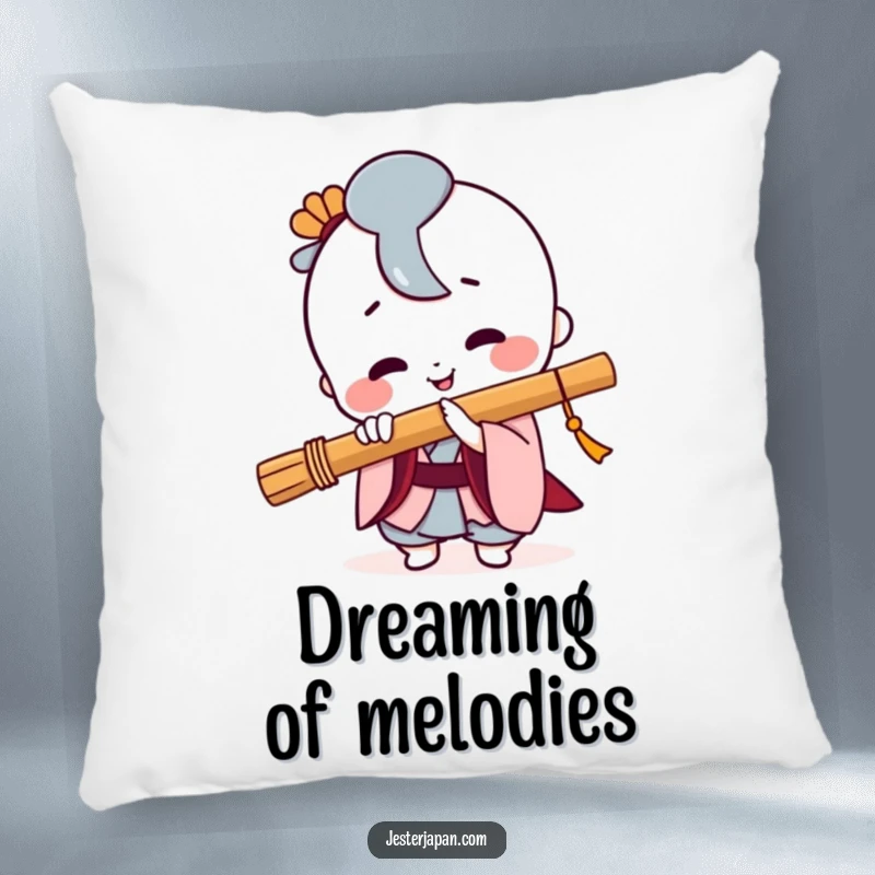 Funny Kawaii pillow with a cute character playing a Japanese flute, its smile radiating pure musical happiness.