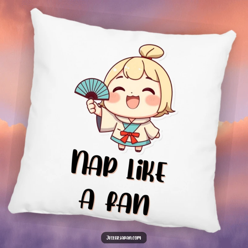 Funny Kawaii Pillow: Cute character grinning and waving a Japanese fan, offering comfort and cheer. A perfect funny gift.