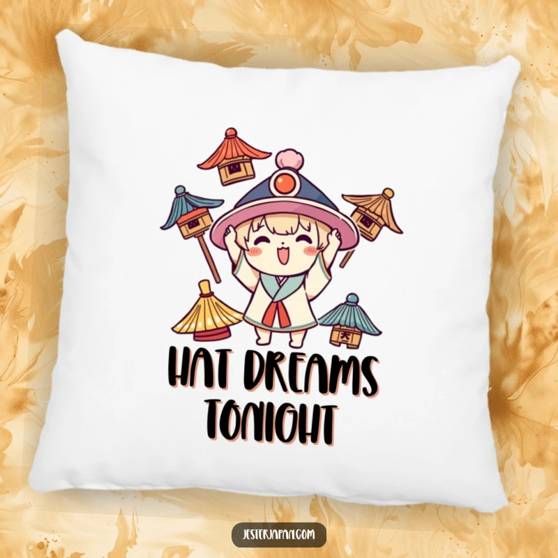 Funny Kawaii pillow featuring a happy character enthusiastically trying on a variety of traditional hats, full of personality.