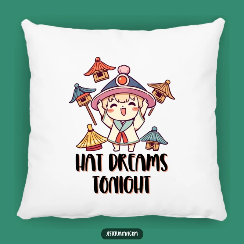 Funny Kawaii Hat Lover Pillow: Cozy Character Trying on Hats Accent