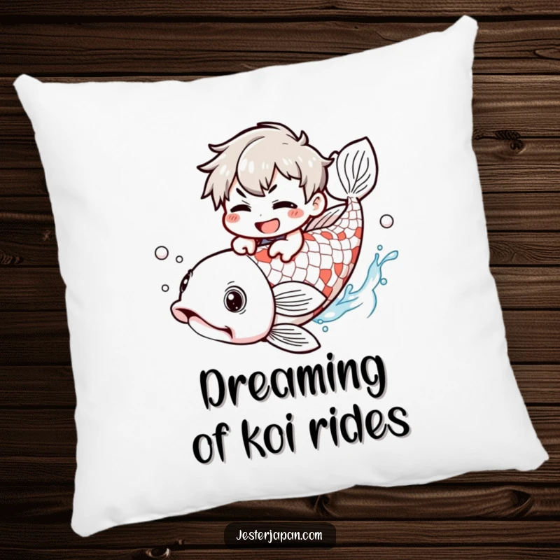 Funny Pillow: Kawaii character with a mischievous grin riding a giant koi fish, offering comfort and playful humor.