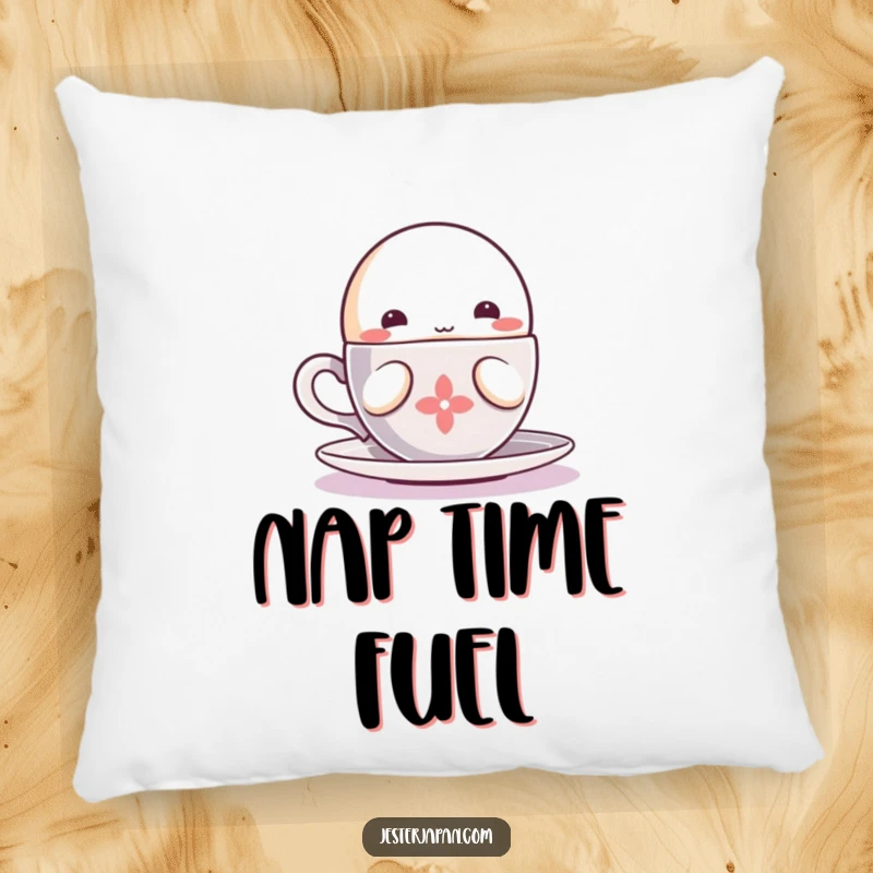 Funny Kawaii character sipping pillow, showing a steaming cup and happy enjoyment for cozy and relaxing comfort.