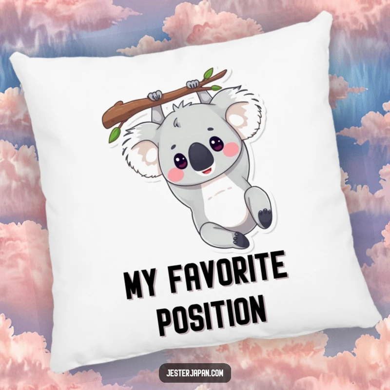 Funny pillow featuring a koala comfortably dangling upside down from a branch, offering plush comfort and humor.