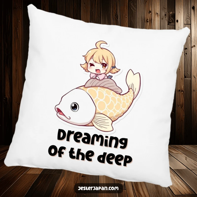 Funny decorative pillow showing a character with a mischievous wink riding a giant koi fish, blending comfort and playful art.