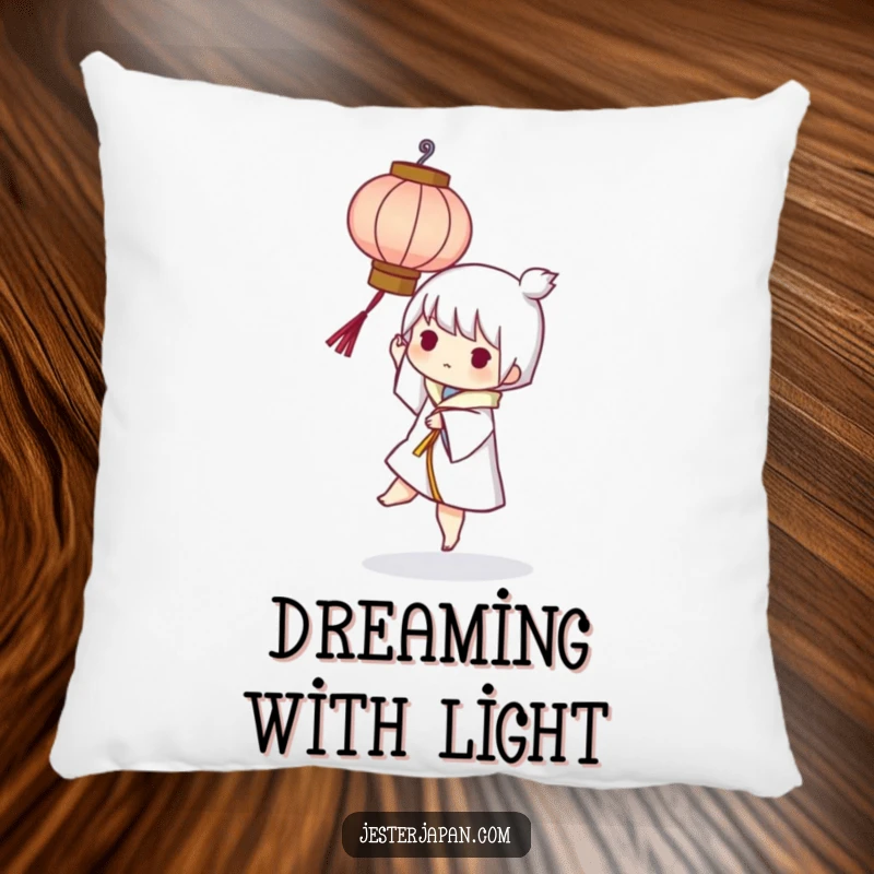 Funny pillow with a character playfully balancing a small, stylized paper lantern, adding a touch of light and humorous comfort.