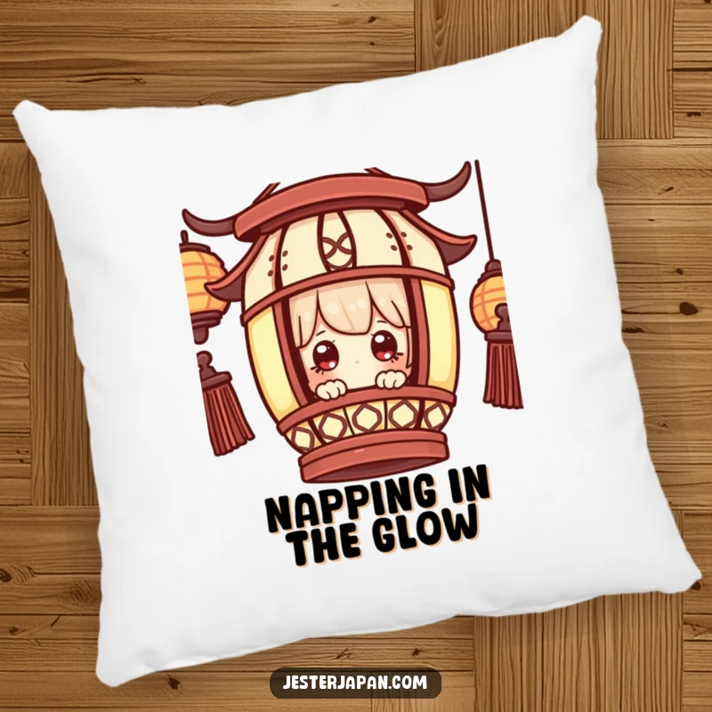 Funny Pillow: Little character peeking from a traditional lantern, eyes wide with wonder, offering comfort and enchantment.
