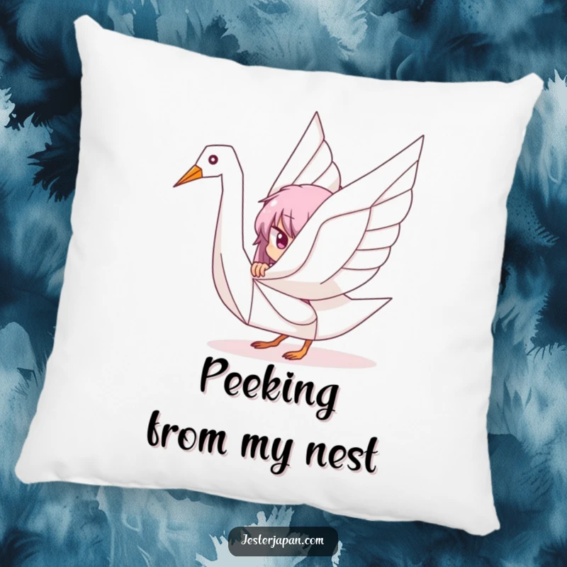Funny pillow with a character playfully peeking from behind a stylized origami crane, adding a touch of artistic charm and comfort.