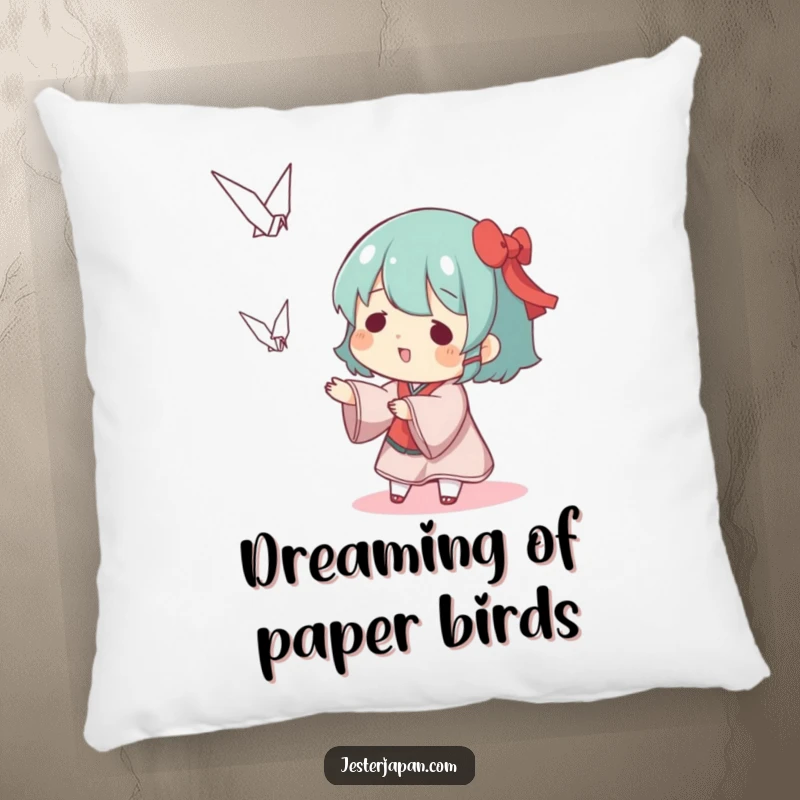Funny pillow featuring a character playfully tossing a miniature origami crane, offering cozy and artistic humor.