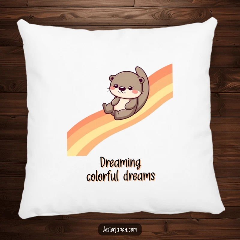 Funny otter sliding down a vivid rainbow, depicted on a soft pillow, offering comfort and a dose of whimsical humor.