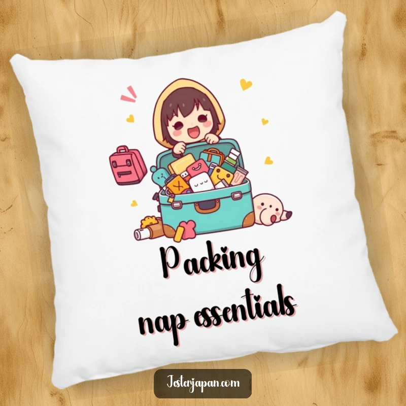 Funny Kawaii character packing pillow, with items spilling from a suitcase, designed for cozy travel humor.