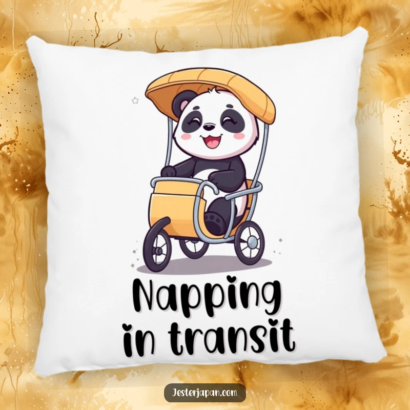 Funny Panda rickshaw pillow featuring a soft, smiling character riding a miniature rickshaw with glee, offering comfort and playful joy.