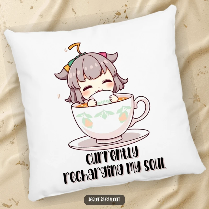 Funny throw pillow showcasing a cartoon character energetically enjoying a large cup of tea, bringing comfort and humor to any seating area.