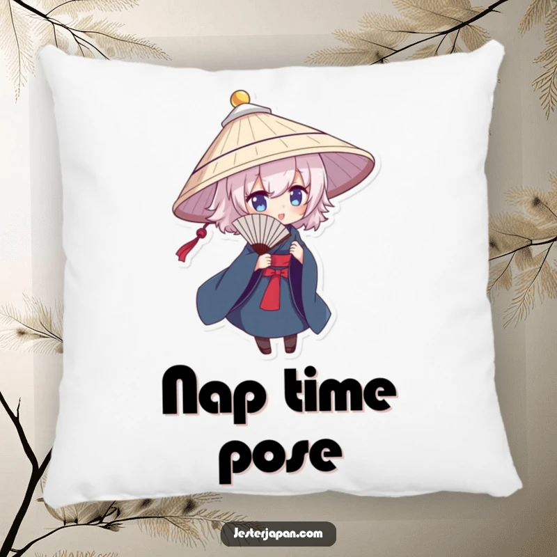 Funny pillow featuring a character in a traditional hat, dramatically posing with a fan, a humorous decorative accent.
