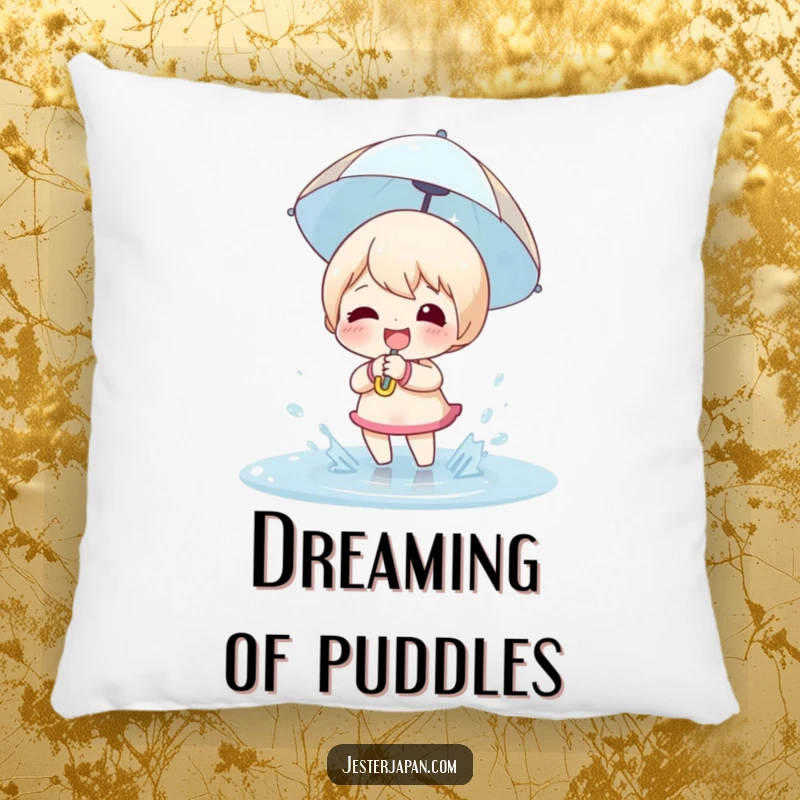 Funny Pillow: Character with a tiny umbrella, joyfully splashing in a puddle, smiling.