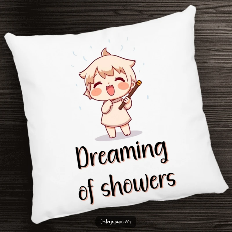 Funny pillow featuring a character excitedly shaking a rain stick, creating a whimsical shower of beads, perfect for adding cozy charm.