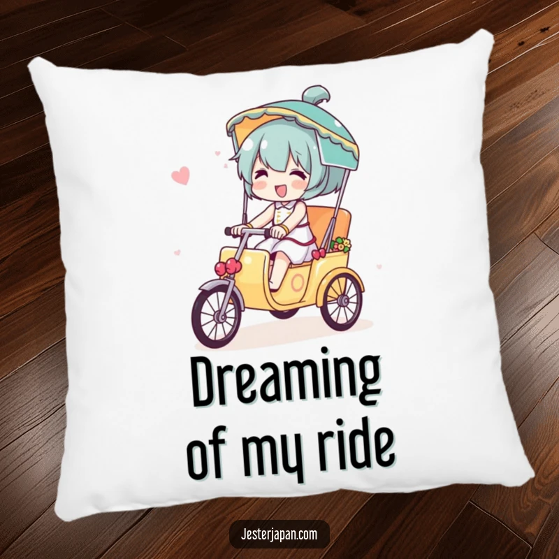 Funny pillow featuring a character riding a miniature decorated rickshaw with joy, offering cozy travel-themed humor.