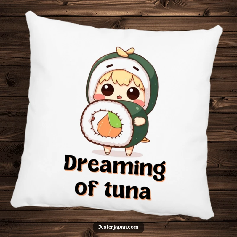Funny pillow with a cute anime character looking surprised while holding a giant sushi roll, a humorous decorative accent.