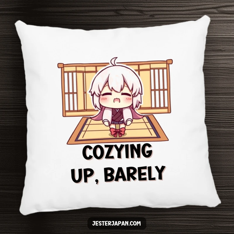 Funny pillow with a character comically trying to fit onto a tiny Tatami mat, adding a touch of humorous comfort.