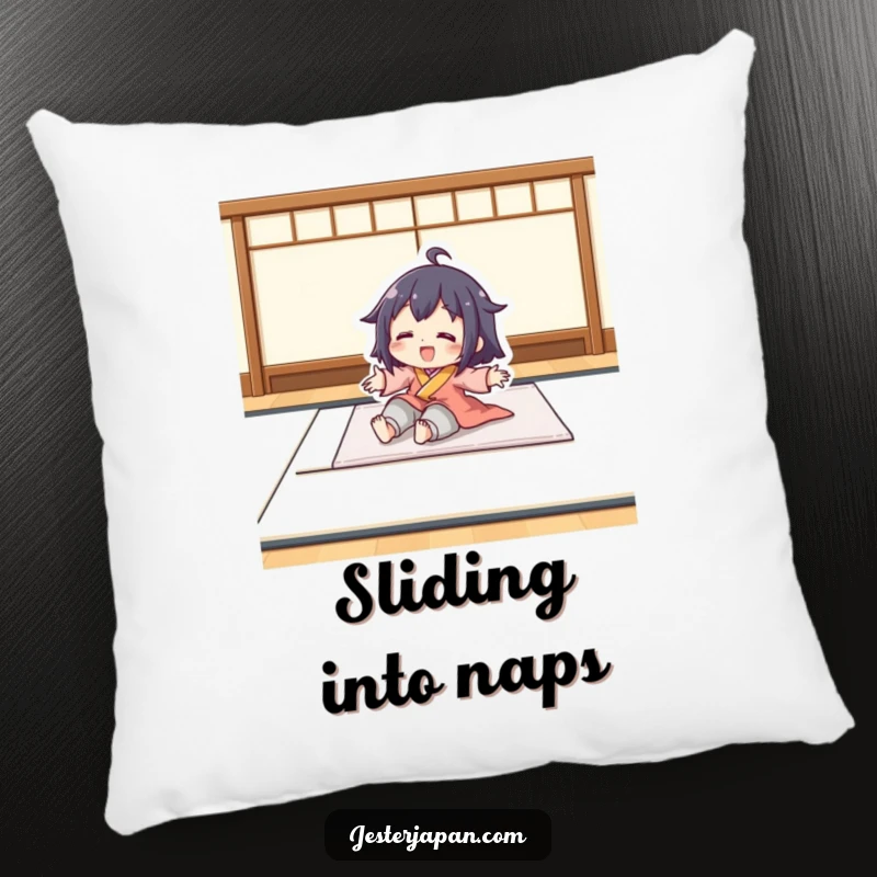 Funny pillow with a character playfully sliding on a smooth tatami mat. Offers cozy comfort and a theme of carefree enjoyment.