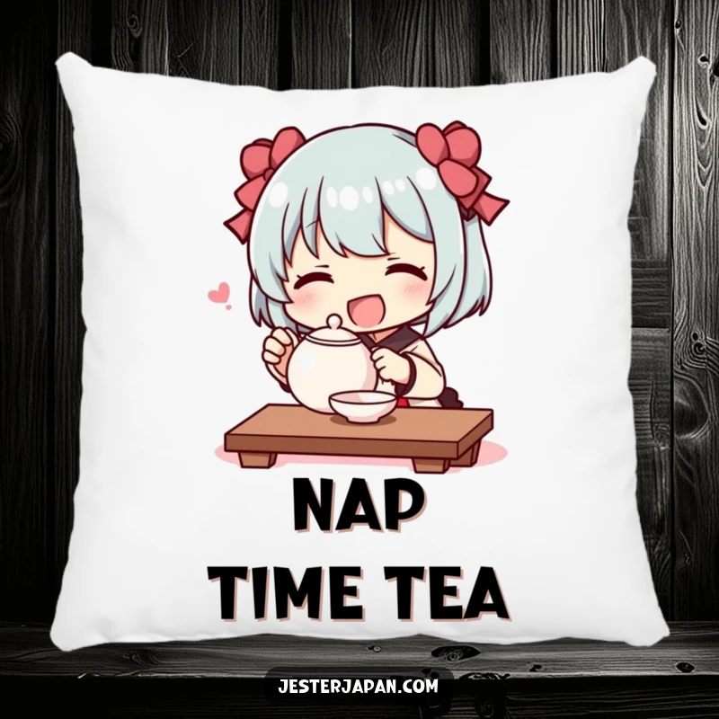 Funny pillow featuring a character joyfully performing a tiny tea ceremony with a small teapot, offering humorous comfort and serenity.